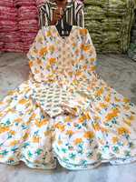 Ensemble Kurta Anarkali pour femmes, long, en toile imprimée de fleurs brodées, en coton non tissé, avec pantalon et dupatta |   Vêtements ethniques |   Taille Plus 3XL-6XL
