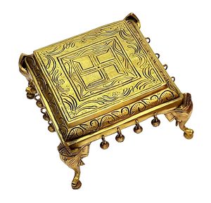 Decorative Brass <b>Mandir</b> Chowki Peetha <b>Pooja</b> Stool with Elephant Pillars Ghungroo Design 9 x 9 Inch Traditional Temple Decor - Product Image 2