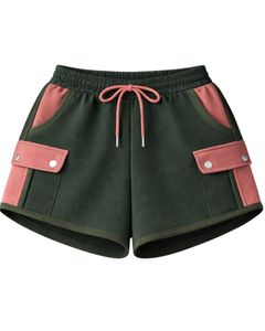 Ensemble décontracté deux pièces pour femme : crop top zippé à capuche et short cargo, coloris vert foncé et rose poudré, vente en gros - Product Image 2