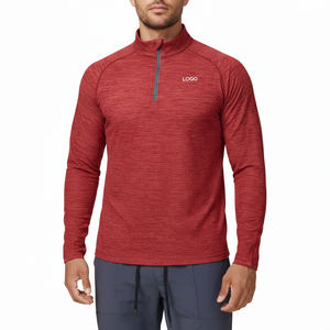 Men's Long Sleeve Stand Collar Quarter <b>Zip</b> Solid Color Quick Dry Knitted Casual <b>Shirt</b> Red Full Sleeve Autumn Wear - Product Image 1
