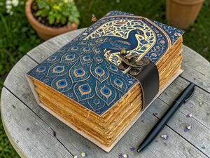 Diario de Cuero de Pavo Real Hecho a Mano, Cuaderno Floral Vintage con Borde Irregular, Diario Celestial, Libro de Escritura, Regalo Personalizado - Product Image 2