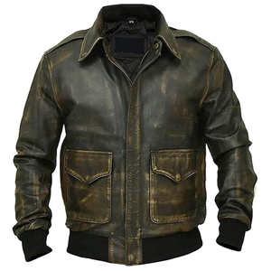 Chaqueta de Cuero para Hombre, Estilo Bomber, Vintage, Desgastada, de Piel de Vaca Marrón, para Invierno, para Motocicleta, Venta al Por Mayor - Product Image 2