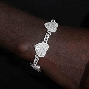 Fashionable Charm Luxury <b>Solid</b> <b>Silver</b> Baguette Heart Cuban Link <b>Bracelet</b> Vvs Clarity Moissanite Diamond <b>Bracelet</b> - Product Image 2