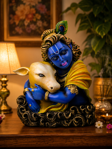 Figura de Krishna con Vaca Hecha a Mano en Resina, Escultura de Arte Religioso Tradicional, Decoración de Mesa para Hogar u Oficina - Product Image 3