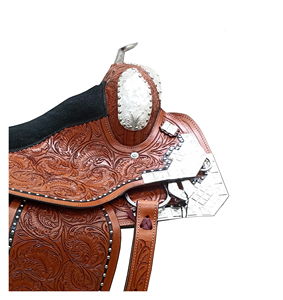 Silla de montar western de cuero marrón para carreras de barriles, con conchos cuadrados de metal tallados a mano con motivos florales y estampado plateado, y asiento de gamuza negra. - Product Image 2