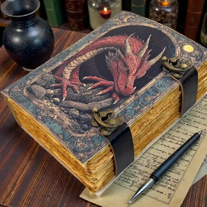 Diario de Fantasía Antiguo, Grimoire Religioso Clásico, Cuaderno Vintage, Hecho a Mano con Cuero Genuino Estampado con Diseño de Dragón - Product Image 3