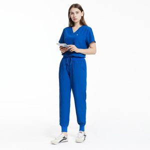 Women's <b>Blue</b> <b>Scrub</b> Set V-Neck Top Pants Polyester Woven Hospital Uniform Stethoscope Ready - Product Image 2