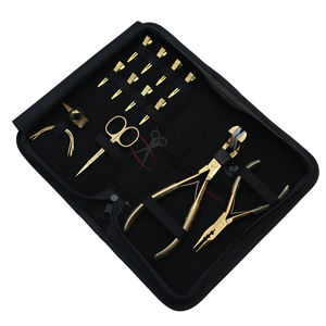 Kit d'outils pour extensions capillaires dorées pour coiffeurs : Pince à micro-perles, Pince pour extensions adhésives, Aiguilles courbées, Pinces de sectionnement des cheveux, Doigtier de séparation - Product Image 1