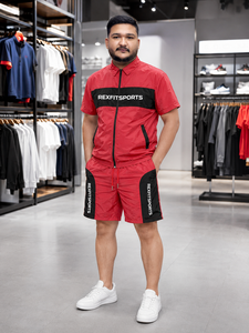REXFIT SPORTS 2026Custom Unisex Red Black Crinkle Nylon Set Short Sleeve Zip <b>Jacket</b> Shorts Private Label Sportswear Manufacturer - Product Image 2