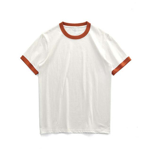 T-shirt blanc à manches courtes pour homme avec bordure contrastante orange Coupe classique Jersey en coton Col rond Couleur unie - Product Image 1