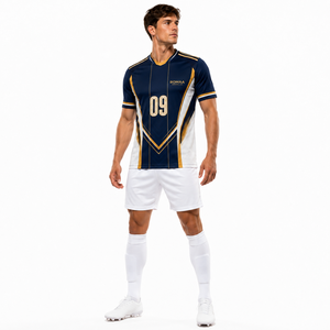 เสื้อฟุตบอลสีน้ำเงินกรมท่า ขาว ทอง แบบสั่งทำพิเศษ คอวี ลายพิมพ์แบบซับลิเมชั่น เสื้อทีมพรีเมียม หมายเลขผู้เล่น OEM - Product Image 5