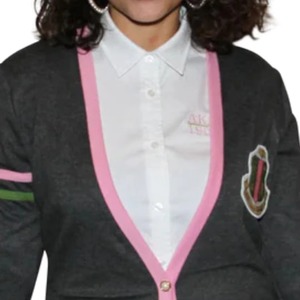 Cárdigan Varsity AKA para Mujer, Suéter Tejido Negro con Ribete Rosa, Botones Frontales, Ropa Griega de Hermandad, Estilo Alfa, Prenda Exterior Casual de Moda - Product Image 3