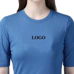 Camiseta de Manga Corta con Cuello Redondo para Mujer, Color Azul Sólido, Informal, Transpirable, Corte Regular, 100% Algodón Jersey, Tejido de Punto, para Todas las Temporadas - Product Image 5