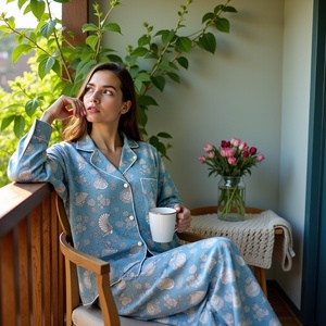 Radiant Indigo Ensemble pyjama Blue Bird exquis fait à la main Chemise et pantalon à manches longues confort de nuit - Product Image 6