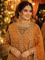 Lehenga Choli brodé bleu avec ensemble de bijoux dorés, col en V, longueur standard, tenue indo-occidentale pour marié