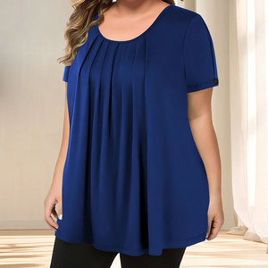 Chemisier décontracté léger en coton pour femme, col rond, manches courtes, grande taille, couleur unie, respirant, séchage rapide - Product Image 1