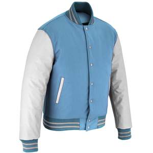 Blouson universitaire bleu clair pour homme avec manches en PU blanc, style décontracté, col rabattable, fermeture éclair, coupe classique, idéal pour le printemps - Product Image 1
