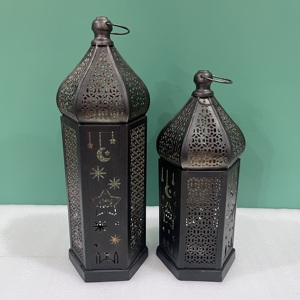 Artisan Design <b>Set</b> of 2 Iron Ramadan & Eid Islamic Moon Star Candle <b>Lanterns</b> for Home Table Decoration - Product Image 5