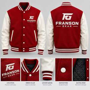 Veste de baseball varsity pour homme FRANSON GEAR, style streetwear, avec lettrage brodé, doublure en polyester, manches et devant rouge et blanc - Product Image 3