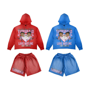 Ensemble de survêtement streetwear d'hiver pour homme, sweat à capuche et pantalon de survêtement, imprimé sérigraphié motif flamme rouge, coupe longue, en tissu épais - Product Image 2