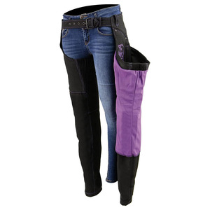 Women's Motorcycle <b>Riding</b> <b>Chaps</b> Samroz Sports SP-500-01 Sleeveless High Quality Purple Embroidery Black Leather Customizable - Product Image 3