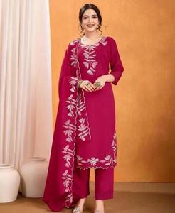 Ensemble de costumes pour femmes en soie Vichitra brodée, vêtements ethniques de luxe pour les occasions spéciales, couleurs violet, bleu, rose, vente en gros, boutique, achat en gros - Product Image 1