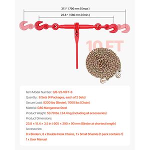 Tendicatena a cricchetto G80 da 3/8 pollici x 10 piedi, capacità di carico di esercizio 9200 libbre, set di tendicatene - Product Image 6