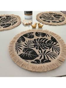 Round Linen Table <b>Mats</b> Handmade Bohemian Style Natural Weave Placemats with Bird and Butterfly Designs - Product Image 2