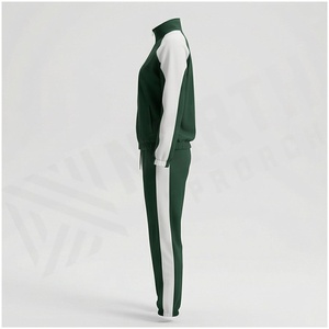 <b>Women</b> Green <b>White</b> Color Blocking Tracksuit Full Sleeve Zipper Stand Collar Sporty <b>Jogger</b> Set Autumn Breathable Polyester Cotton - Product Image 3