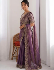 KV Traditional Silk Embellished Embroidered Zari <b>Satin</b> <b>Saree</b> with Unstitched Blouse for Party Occasions - Product Image 4