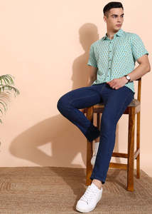 Mens Mint Cotton Cambric Handblock Printed Regular Fit Shirt Designed For International Casual Summer Wear With Shirt Collar - Product Image 4