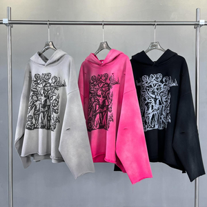 Sudadera con capucha extragrande rosa y negra para hombre, de algodón tejido, con logo en relieve, bolsillo frontal, estilo casual urbano, antiencogimiento - Product Image 5