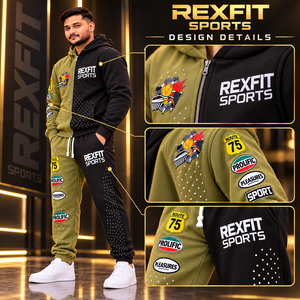 Rexfit sports2026 Custom Olive <b>Green</b> <b>Black</b> Men’s Zip Hoodie Tracksuit Set | Color Block Matching Jogger Pants | Wholesale Sports - Product Image 5