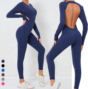 Combinaison de sport pour femme, couleur unie, dos nu, manches longues, longueur intégrale, sans couture, col rond, extensible dans les quatre sens, pour le yoga - Product Image 1