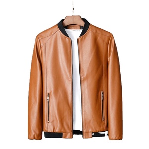Men's Tan PU Bomber <b>Jacket</b> Stand Collar Zipper Closure Casual Autumn Style Regular Fit Solid Color Leather <b>Jacket</b> - Product Image 1