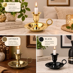 เชิงเทียนทองเหลืองแท้แบบวินเทจ พร้อมฐานวางเทียนทรงกรวยขัดเงาและห่วงจับ - Product Image 4