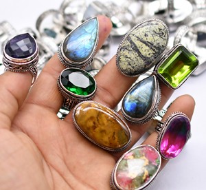 Natural Stone Antique <b>Silver</b> Plated Christian Brass Gemstone <b>Rings</b> Trendy Punk Heart <b>Set</b> with Vintage Funny Gift for Women - Product Image 1