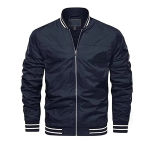 Chaqueta de invierno negra para hombre, acolchada, transpirable, con forro polar, cierre de cremallera, cuello alto, informal, color liso, con puños acanalados a rayas - Product Image 1