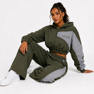 Vocksin <b>Women's</b> Olive Green Cropped Hooded Windbreaker Tracksuit Waterproof Zipper <b>Jacket</b> Fleece Lining Quick-Dry Wide Leg - Product Image 2