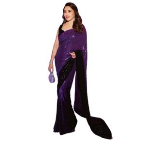 Sari en georgette lourde pour femmes avec séquence de broderie pour les fêtes de mariage vêtements indiens et pakistanais - Product Image 1