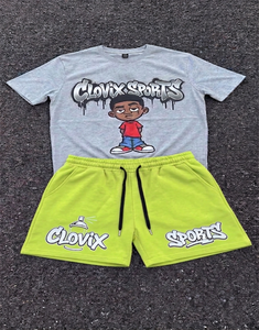 Conjunto de 2 piezas de camiseta y pantalones cortos para hombre Clovix Sports, estilo urbano, estampado personalizado, ropa informal de verano, cuello redondo, algodón, OEM - Product Image 1