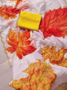 Magnifique Saree en Soie Tissée à Motif Feuilles Épaissies avec Broderie Perles et Bordures Découpées - Blouse en Soie Jaune pour Femme Tendance - Product Image 5