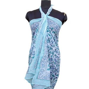 Blue Pink Floral Hand Block Printed Cotton Sarong Scarf with Chevron Border Lightweight <b>Beach</b> <b>Wrap</b> Stole for Women - Product Image 4