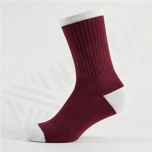Maroon Crew <b>Socks</b> With White Trim Breathable Knitted Solid Color For Daily Casual Wear Adults Standard Thickness - Product Image 3