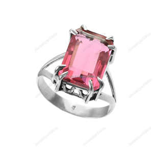 Bague de mariage bohème en argent sterling 925 plaqué rhodium, avec pierre précieuse tourmaline rose faite à la main, cadeau de fête pour femmes - Product Image 1