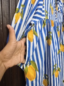 Blue White Striped <b>Lemon</b> Print Cotton Full Sleeve Floor-Length <b>Dress</b> Empire Waist A-Line Romantic Club <b>Dress</b> Adult Style - Product Image 6