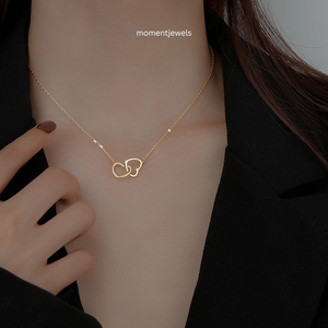 Collar con Colgante de Doble Corazón en Acero Inoxidable Chapado en Oro de 18K, Cadena de Eslabones, Joyería Moderna para Mujer, Regalo - Product Image 4