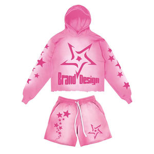 Ensemble sweat à capuche et short personnalisé avec impression sérigraphique effet délavé, 100% coton haute densité, avec design personnalisé pour vêtements décontractés unisexes - Product Image 4