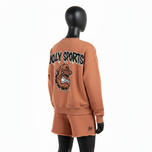 Ensemble sweat-shirt et short en molleton de coton brossé lourd pour femme, marron, avec logo graphique en relief - Product Image 5