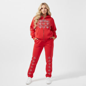 Conjunto Deportivo Informal Unisex con Logotipo Personalizado, Sudadera con Capucha Roja con Cierre Completo, Pantalones Deportivos, Estampado Gráfico de Estrellas, Forro Polar Ligero - Product Image 4